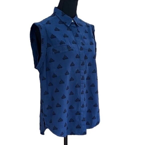 Lou & Grey blue with black embroidered pattern sleeveless button front top sz M - Picture 5 of 6